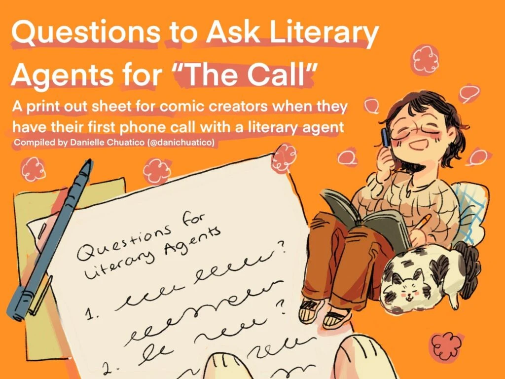 Cartoon of a person with short hair, glasses, and a sweater writing into an open book while sitting next to a cat. Text says: Questions to Ask Literary Agents for "The Call"